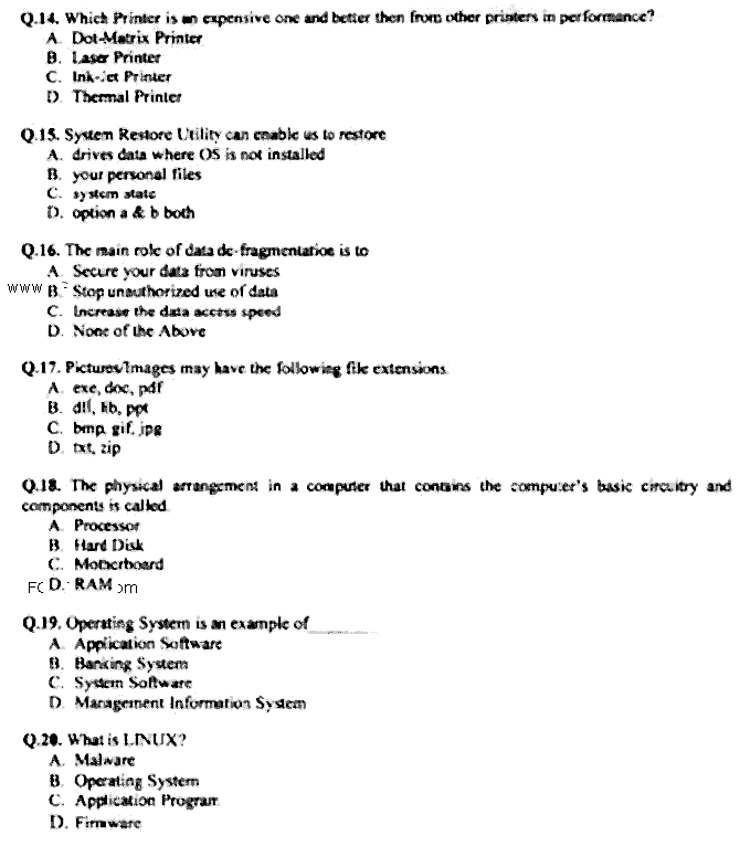 Doctor of Pharmacy Computer And Its Applications In Pharmacy Past Paper 2017 Punjab University Objective