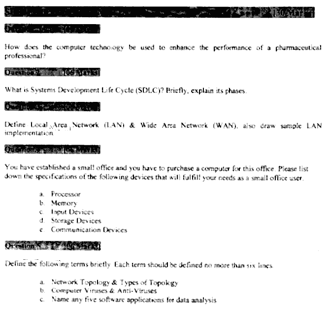Doctor of Pharmacy Computer And Its Applications In Pharmacy Past Paper 2017 Punjab University Subjective