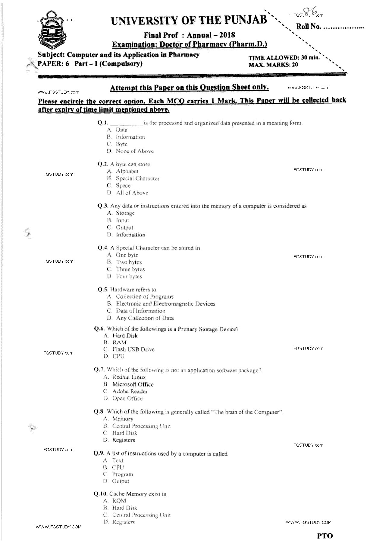 Doctor of Pharmacy Computer And Its Applications In Pharmacy Past Paper 2018 Punjab University Objective