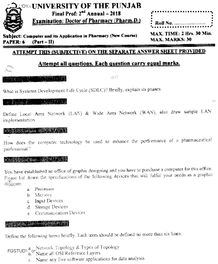 Doctor of Pharmacy Computer And Its Applications In Pharmacy Past Paper 2018 Punjab University Subjective