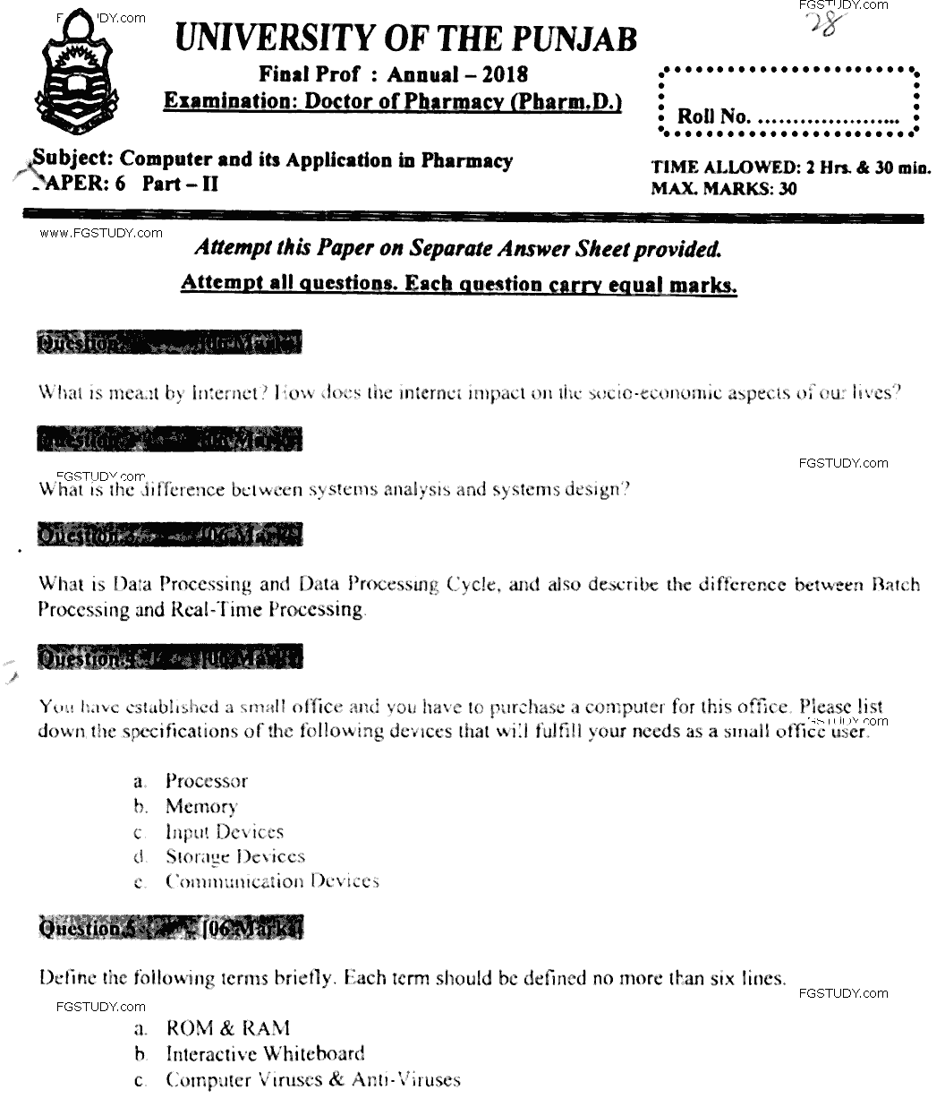 Doctor of Pharmacy Computer And Its Applications In Pharmacy Past Paper 2018 Punjab University Subjective