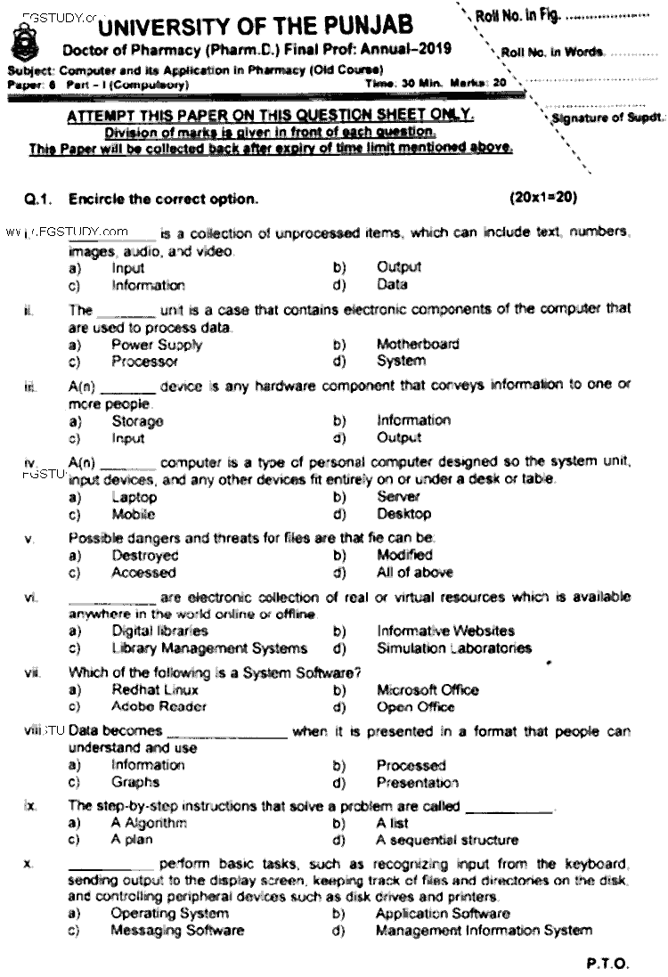 Doctor of Pharmacy Computer And Its Applications In Pharmacy Past Paper 2019 Punjab University Objective