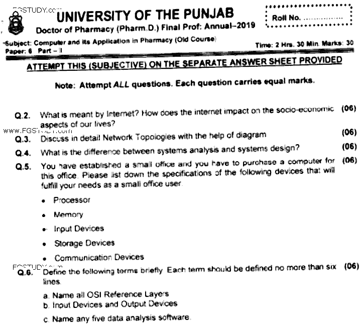 Doctor of Pharmacy Computer And Its Applications In Pharmacy Past Paper 2019 Punjab University Subjective