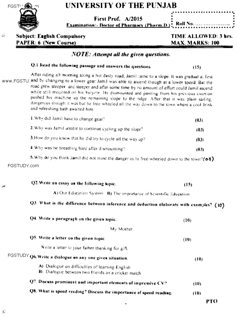 Doctor of Pharmacy English Past Paper 2015 Punjab University Subjective