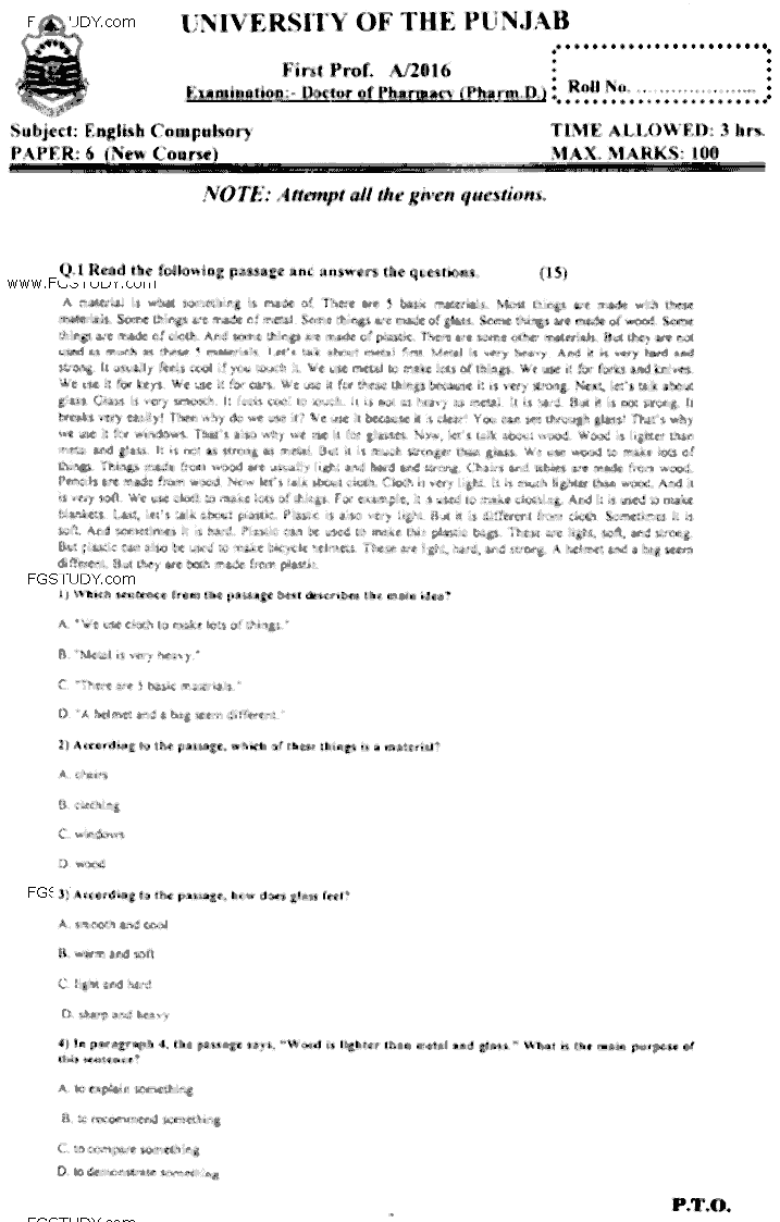 Doctor of Pharmacy English Past Paper 2016 Punjab University Subjective