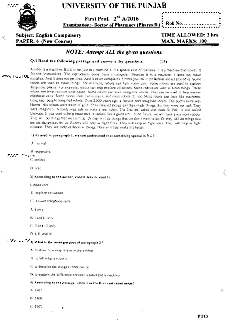 Doctor of Pharmacy English Past Paper 2016 Punjab University Subjective
