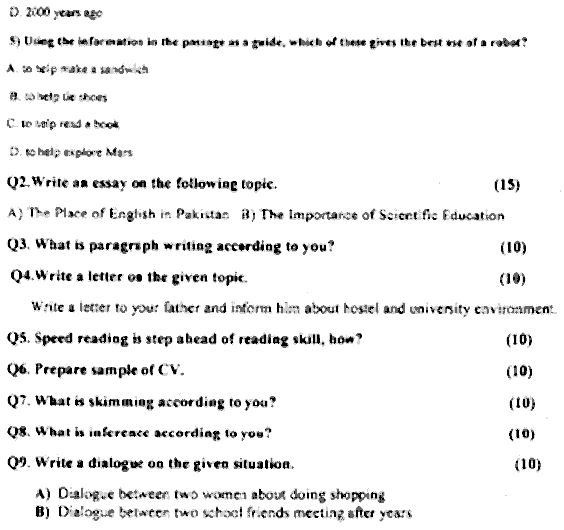 Doctor of Pharmacy English Past Paper 2016 Punjab University Subjective