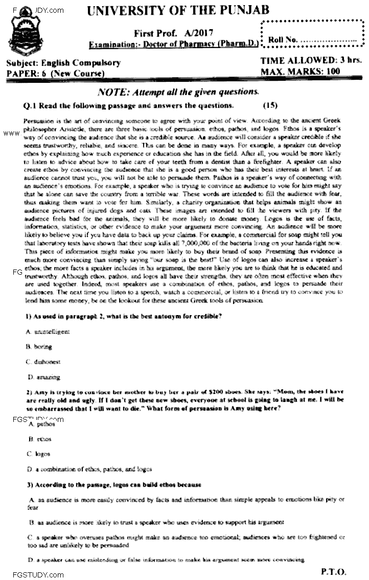 Doctor of Pharmacy English Past Paper 2017 Punjab University Subjective