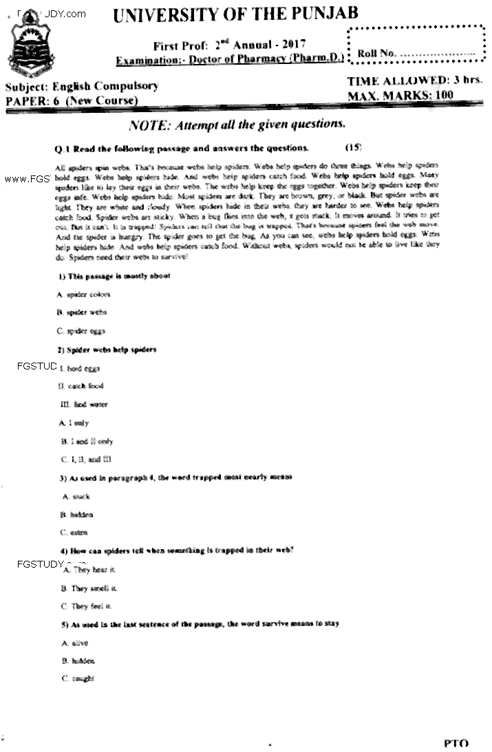 Doctor of Pharmacy English Past Paper 2017 Punjab University Subjective