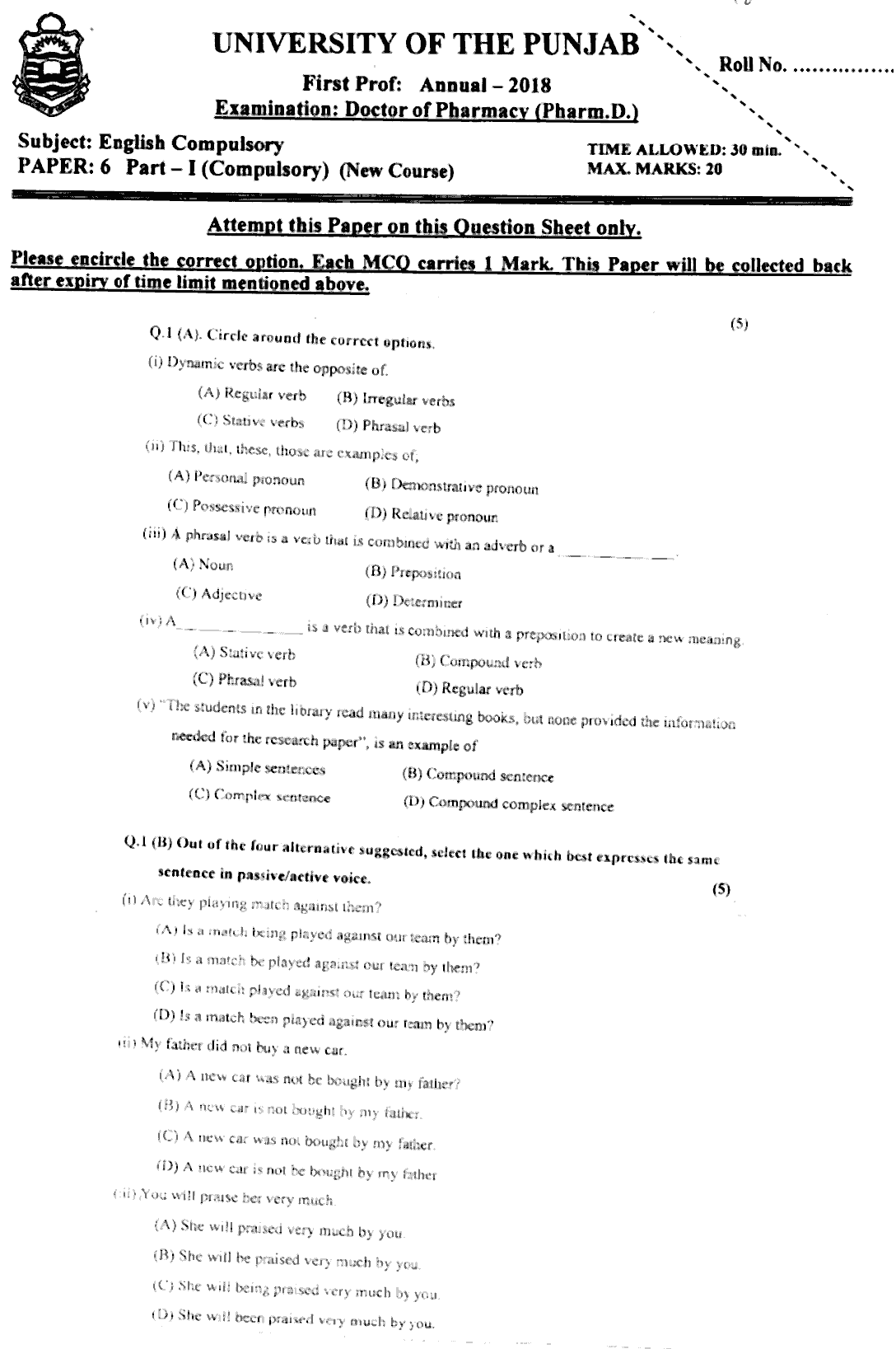 Doctor of Pharmacy English Past Paper 2018 Punjab University Objective