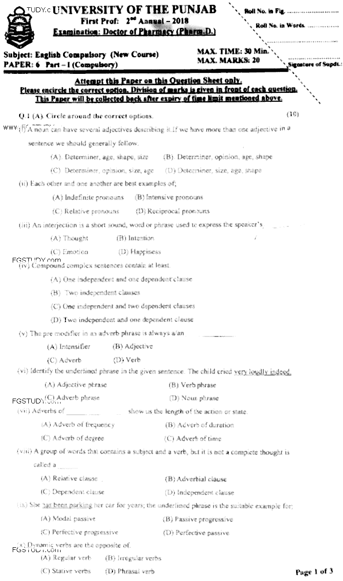 Doctor of Pharmacy English Past Paper 2018 Punjab University Objective