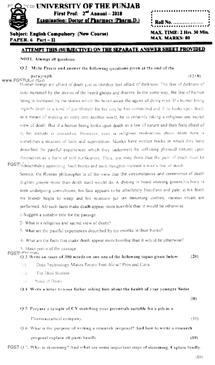 Doctor of Pharmacy English Past Paper 2018 Punjab University Subjective