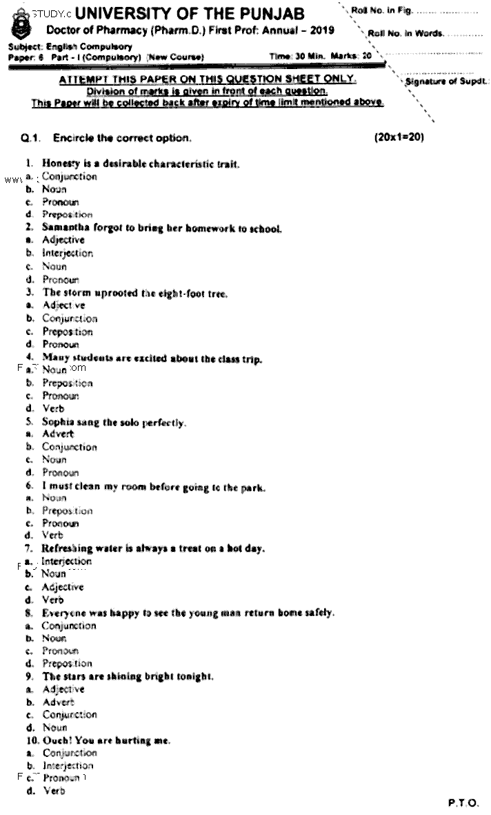 Doctor of Pharmacy English Past Paper 2019 Punjab University Objective