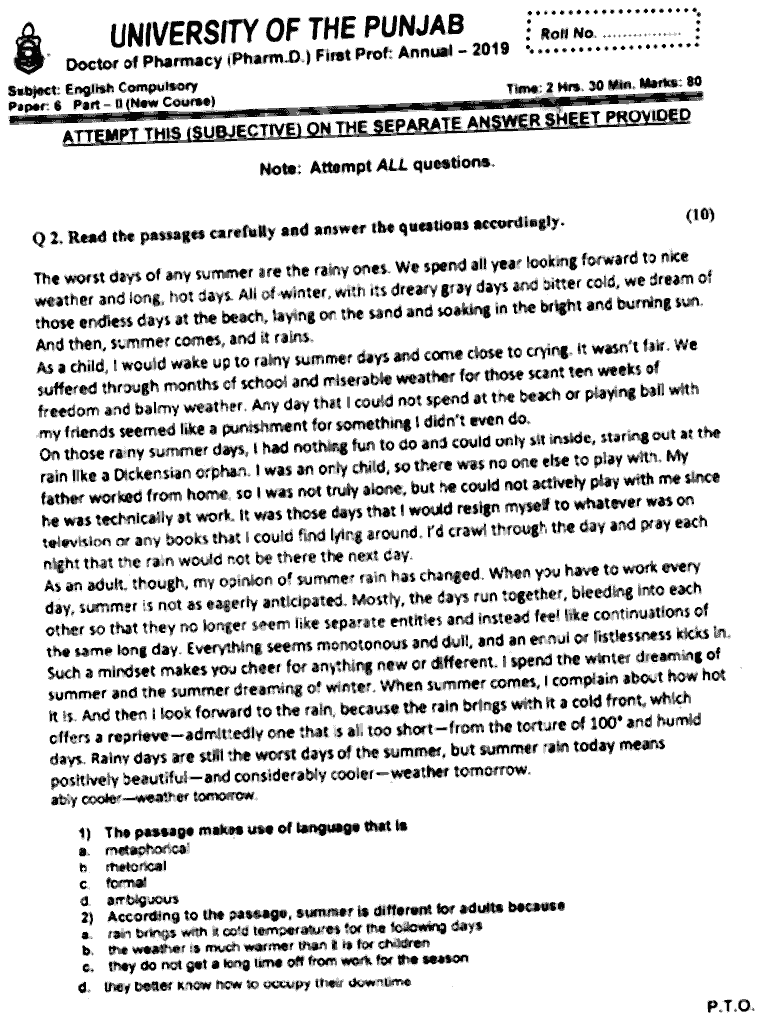 Doctor of Pharmacy English Past Paper 2019 Punjab University Subjective