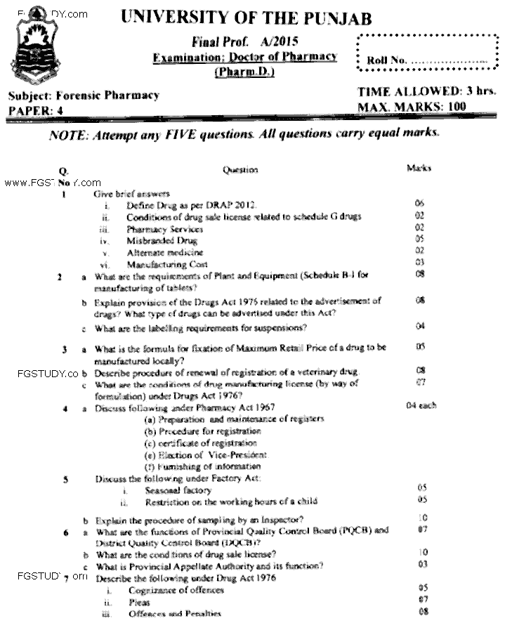 Doctor of Pharmacy Forensic Pharmacy Past Paper 2015 Punjab University Subjective