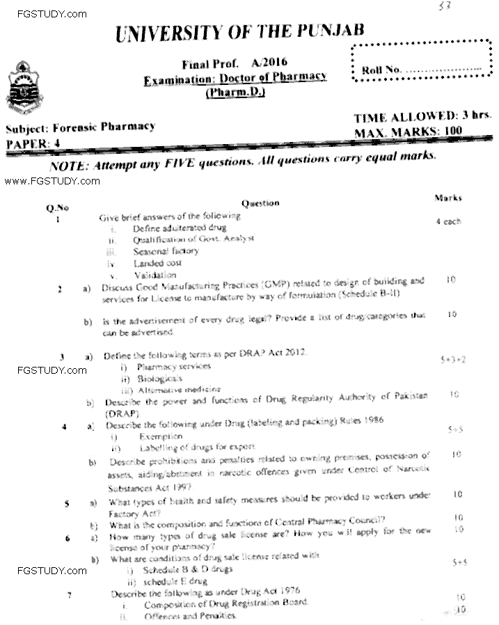 Doctor of Pharmacy Forensic Pharmacy Past Paper 2016 Punjab University Subjective