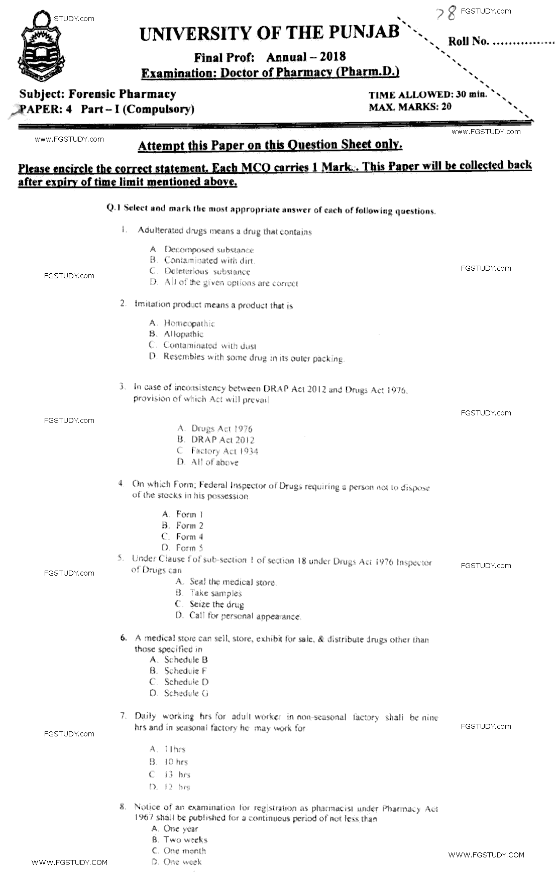 Doctor of Pharmacy Forensic Pharmacy Past Paper 2018 Punjab University Objective