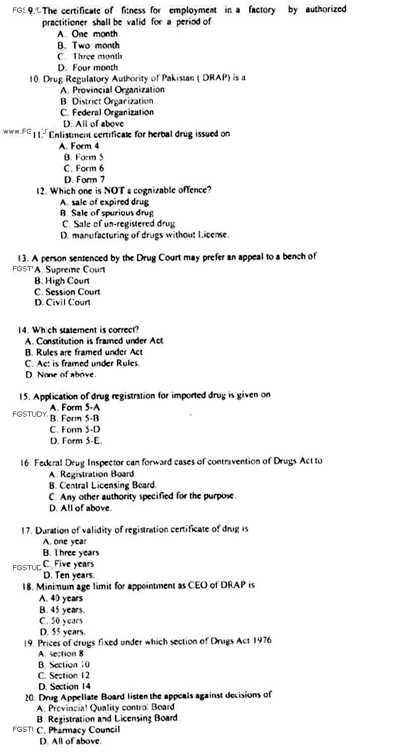 Doctor of Pharmacy Forensic Pharmacy Past Paper 2018 Punjab University Objective