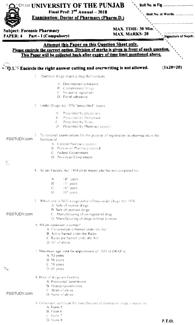 Doctor of Pharmacy Forensic Pharmacy Past Paper 2018 Punjab University Objective