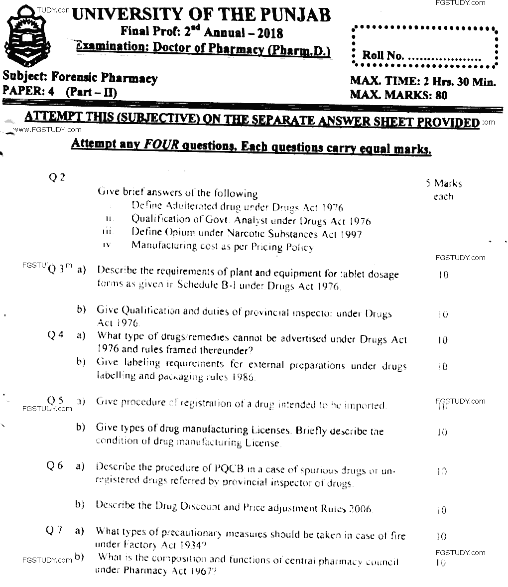 Doctor of Pharmacy Forensic Pharmacy Past Paper 2018 Punjab University Subjective