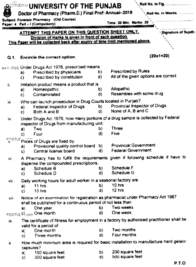 Doctor of Pharmacy Forensic Pharmacy Past Paper 2019 Punjab University Objective