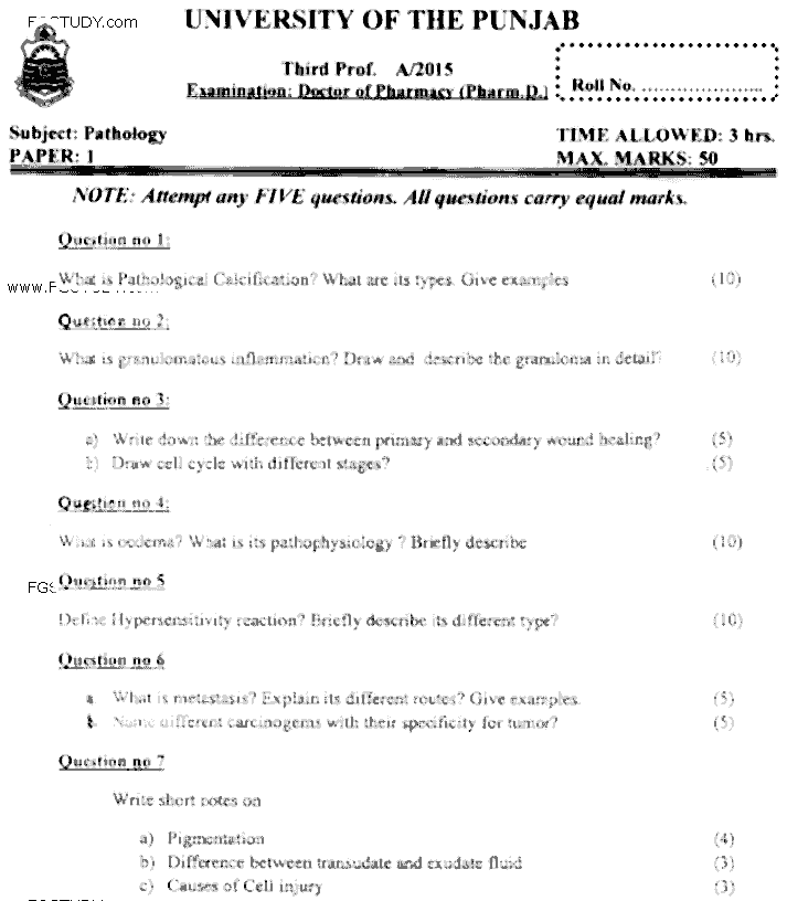Doctor of Pharmacy Pathology Past Paper 2015 Punjab University Subjective