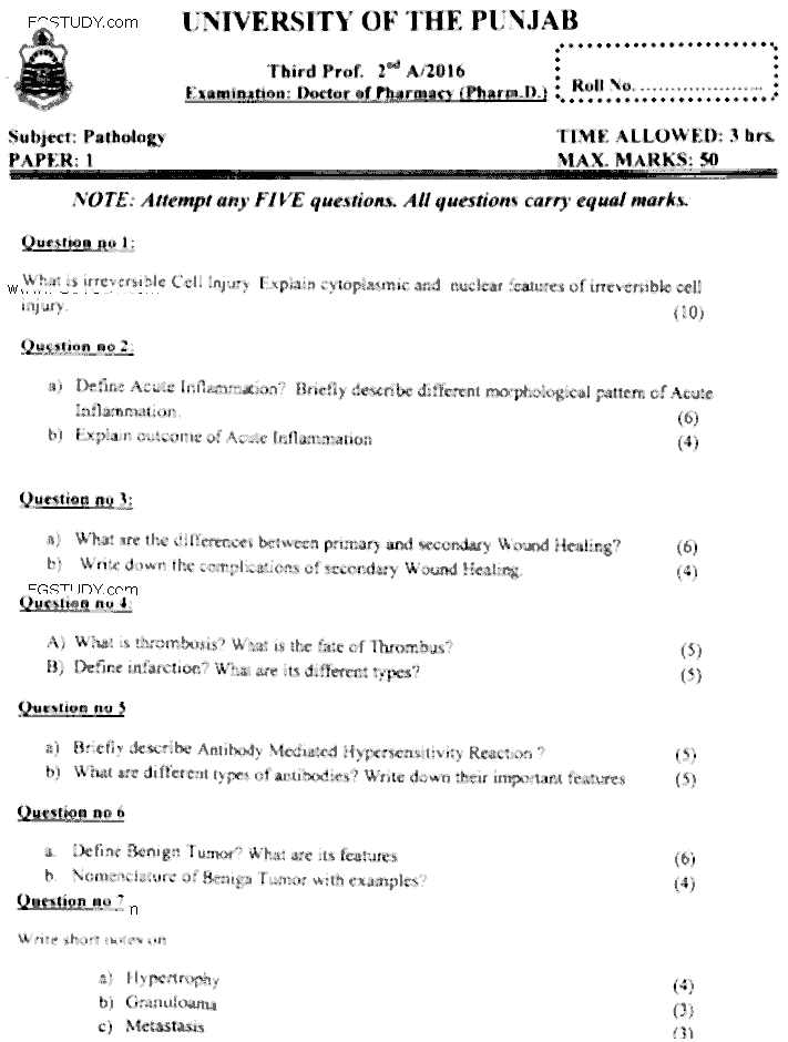Doctor of Pharmacy Pathology Past Paper 2016 Punjab University Subjective