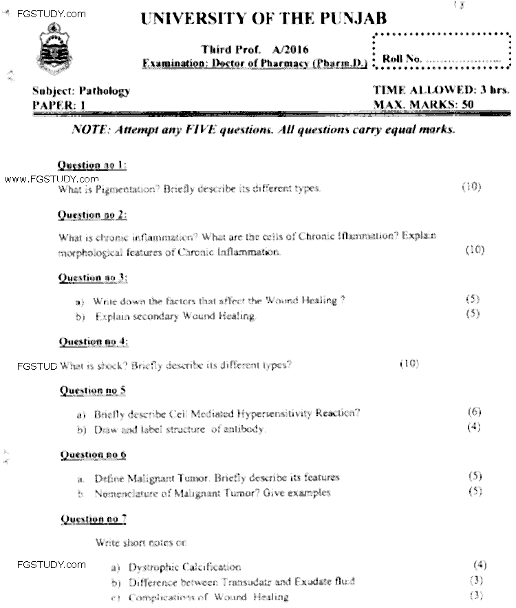 Doctor of Pharmacy Pathology Past Paper 2016 Punjab University Subjective