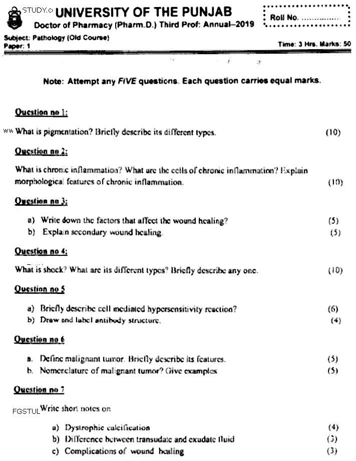 Doctor of Pharmacy Pathology Past Paper 2019 Punjab University Subjective