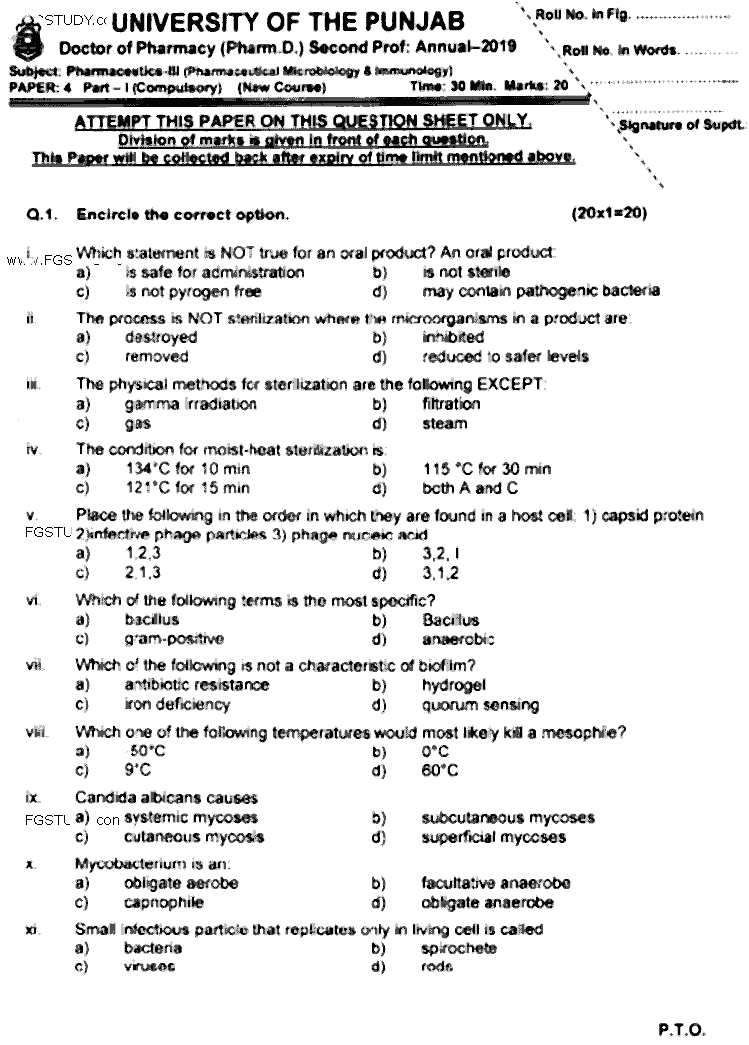 Doctor of Pharmacy Pharmaceutical Pharmaceutical Microbiology Immunology Past Paper 2019 Punjab University Objective