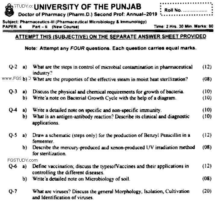 Doctor of Pharmacy Pharmaceutical Pharmaceutical Microbiology Immunology Past Paper 2019 Punjab University Subjective
