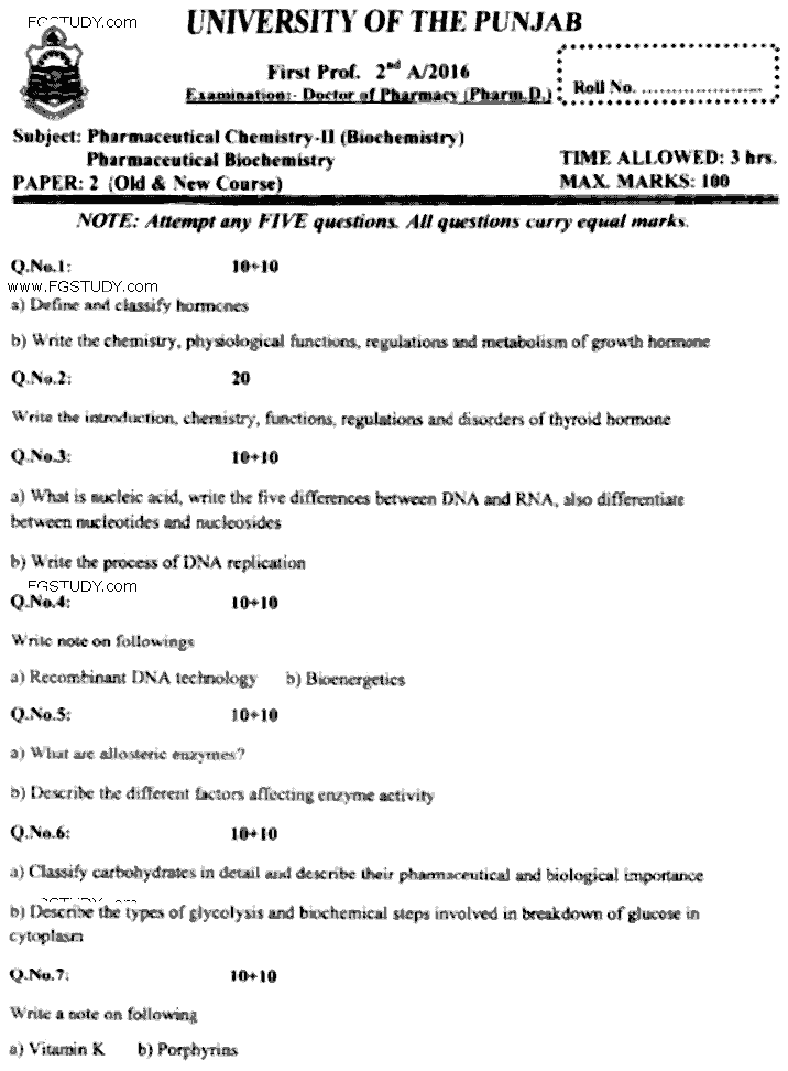 Doctor of Pharmacy Pharmaceutical Biochemistry Past Paper 2016 Punjab University Subjective