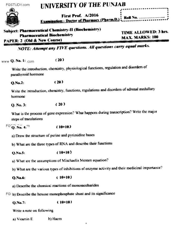 Doctor of Pharmacy Pharmaceutical Biochemistry Past Paper 2016 Punjab University Subjective