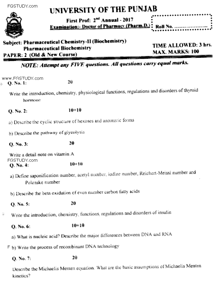Doctor of Pharmacy Pharmaceutical Biochemistry Past Paper 2017 Punjab University Subjective