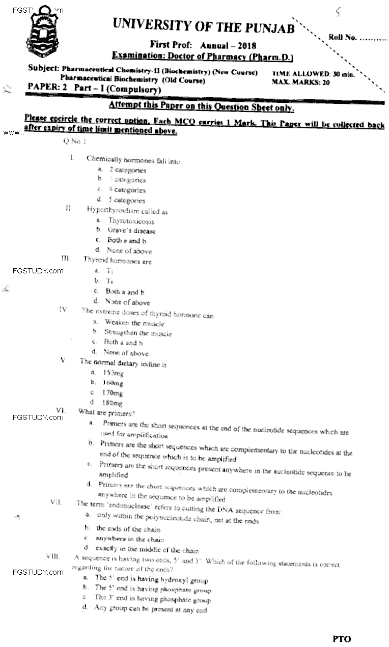Doctor of Pharmacy Pharmaceutical Biochemistry Past Paper 2018 Punjab University Objective