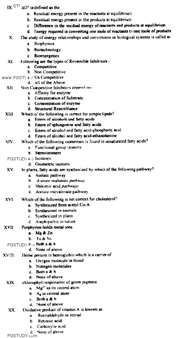 Doctor of Pharmacy Pharmaceutical Biochemistry Past Paper 2018 Punjab University Objective
