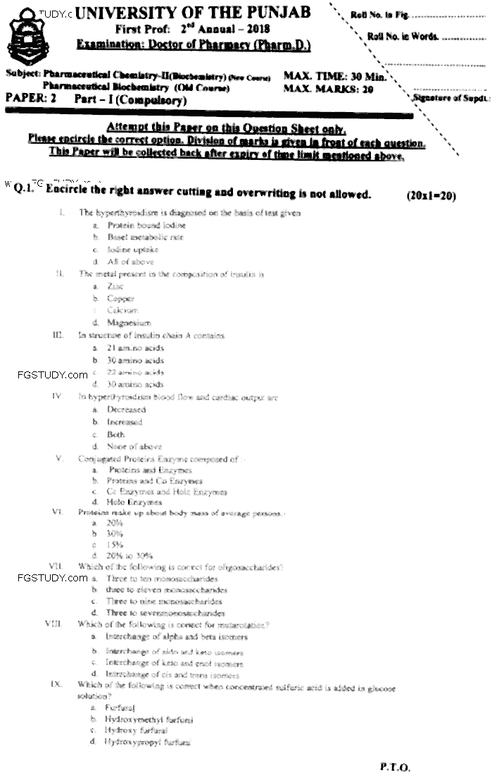 Doctor of Pharmacy Pharmaceutical Biochemistry Past Paper 2018 Punjab University Objective
