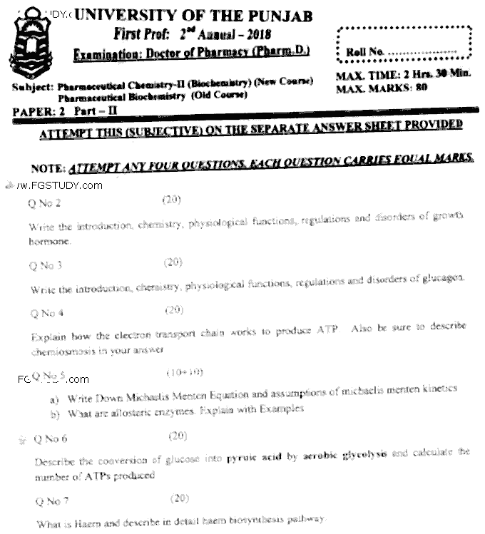 Doctor of Pharmacy Pharmaceutical Biochemistry Past Paper 2018 Punjab University Subjective