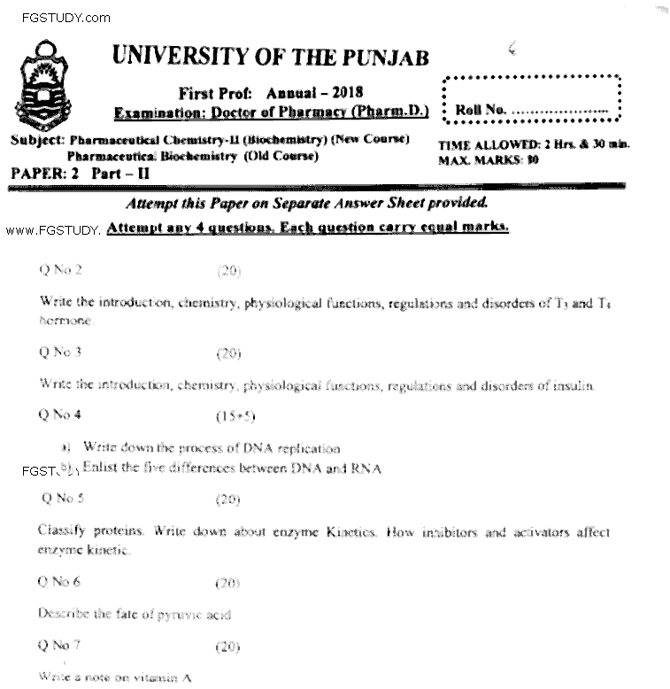 Doctor of Pharmacy Pharmaceutical Biochemistry Past Paper 2018 Punjab University Subjective