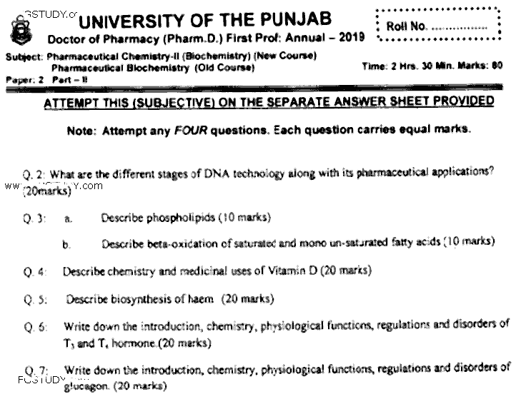 Doctor of Pharmacy Pharmaceutical Biochemistry Past Paper 2019 Punjab University Subjective