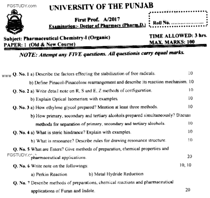 Doctor of Pharmacy Pharmaceutical Chemistry 1 Organic Past Paper 2017 Punjab University Subjective