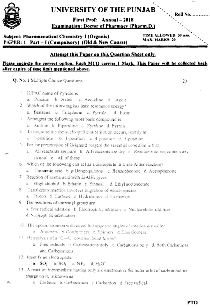 Doctor of Pharmacy Pharmaceutical Chemistry 1 Organic Past Paper 2018 Punjab University Objective