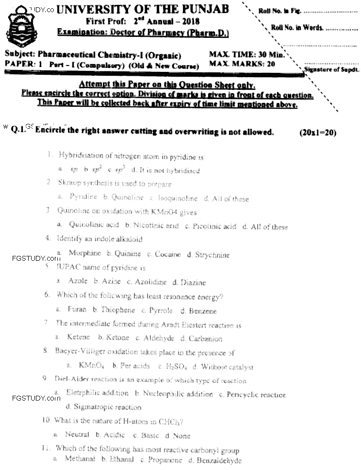 Doctor of Pharmacy Pharmaceutical Chemistry 1 Organic Past Paper 2018 Punjab University Objective