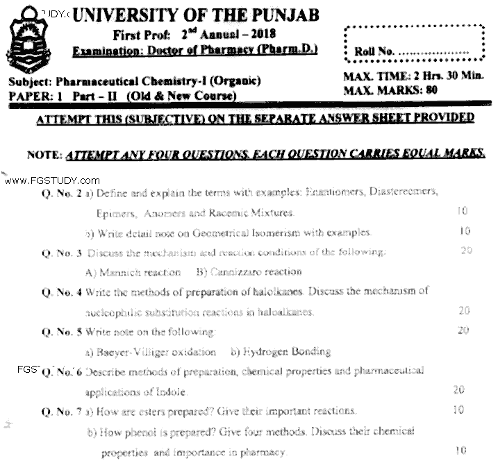 Doctor of Pharmacy Pharmaceutical Chemistry 1 Organic Past Paper 2018 Punjab University Subjective