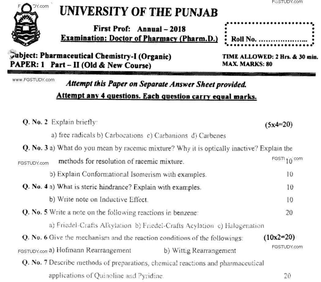 Doctor of Pharmacy Pharmaceutical Chemistry 1 Organic Past Paper 2018 Punjab University Subjective