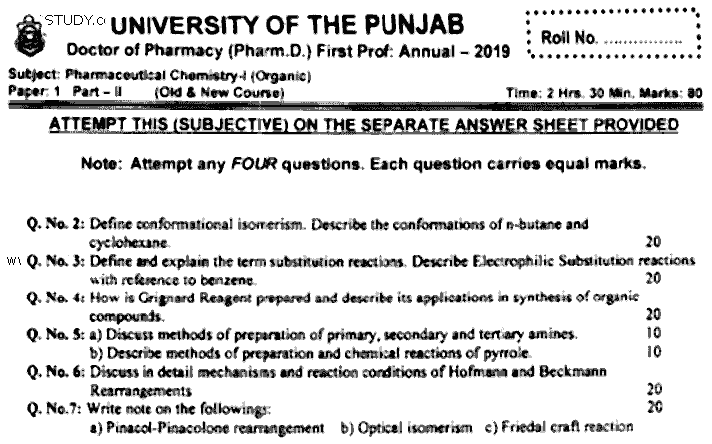 Doctor of Pharmacy Pharmaceutical Chemistry 1 Organic Past Paper 2019 Punjab University Subjective