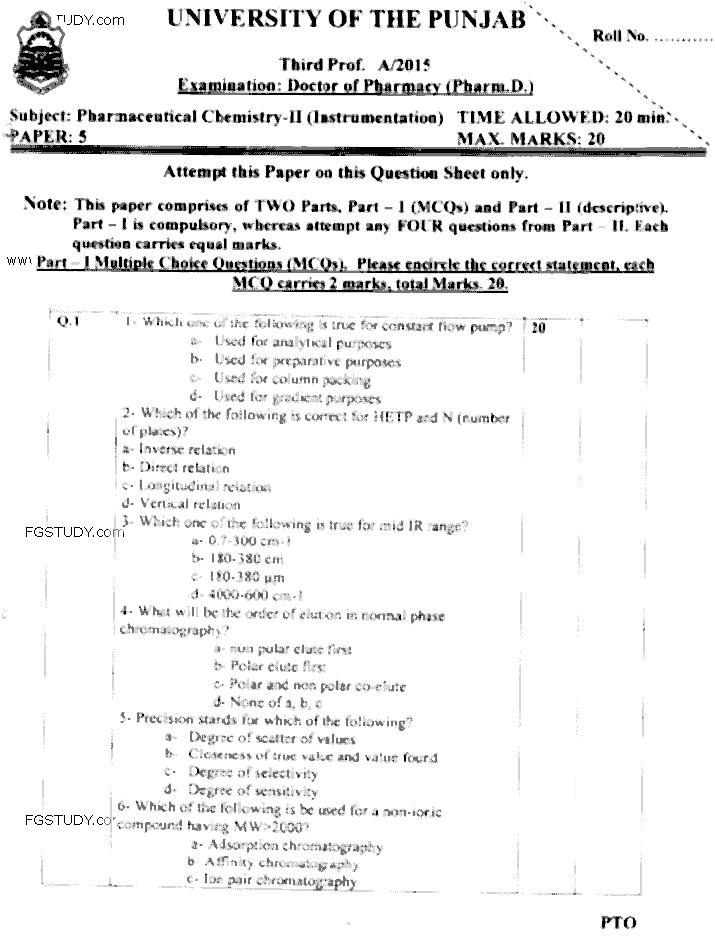 Doctor of Pharmacy Pharmaceutical Chemistry 2 Instrumentation Past Paper 2015 Punjab University Objective