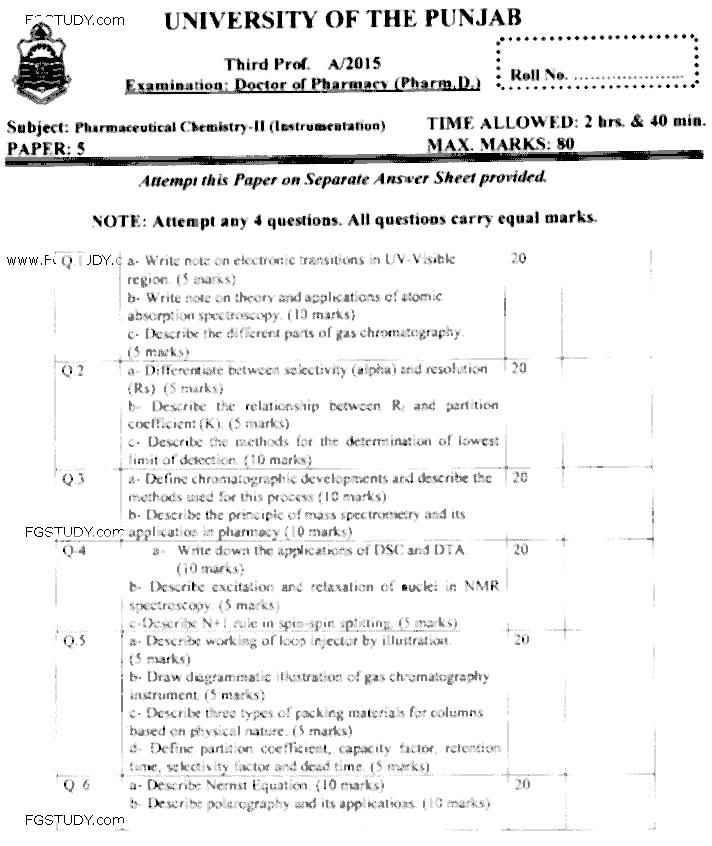 Doctor of Pharmacy Pharmaceutical Chemistry 2 Instrumentation Past Paper 2015 Punjab University Subjective