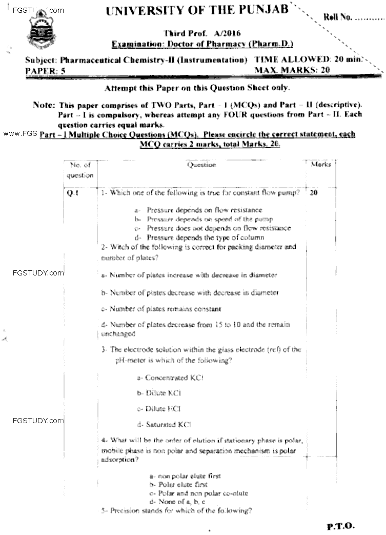Doctor of Pharmacy Pharmaceutical Chemistry 2 Instrumentation Past Paper 2016 Punjab University Objective