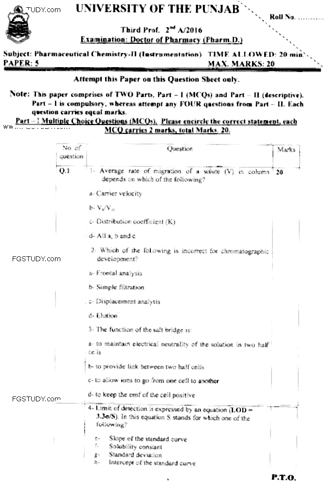 Doctor of Pharmacy Pharmaceutical Chemistry 2 Instrumentation Past Paper 2016 Punjab University Objective